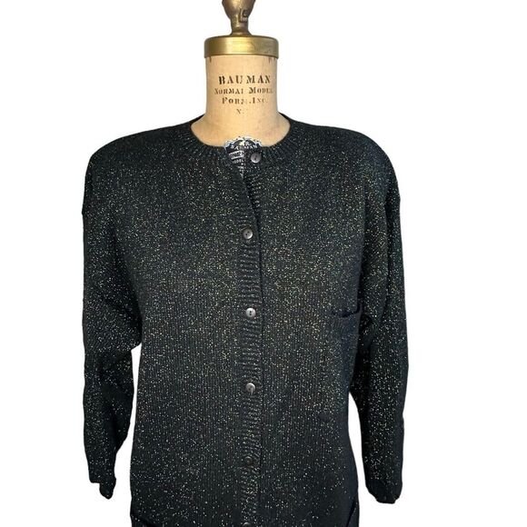 Vintage 80s Carducci Black Lambswool cardigan with gold and green sparkle Medium - Picture 3 of 8